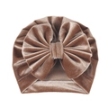 Detail of baby velvet turban hat in mocha brown with oversized velvet bow decoration - Light Coffee (Bow)