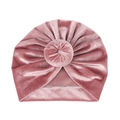 Detailed view of dusty pink velvet baby turban hat with decorative donut knot and soft texture - Bean Paste (Round Ball)