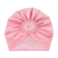 Detailed view of pink velvet baby turban hat with top knot and pleated texture - Pink (Round Ball)