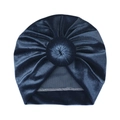 Detailed view of the dark blue velvet baby turban hat with a stylish donut knot design - Blue (Round Ball)