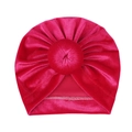 Close-up of rose red velvet baby turban hat with a twisted knot and radiant pleats - Rose Red (Round Ball)