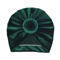 Detailed close-up of dark green velvet baby turban hat with soft donut knot decoration - Dark Green (Round Ball)