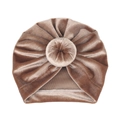 Close-up of baby donut turban hat in light brown velvet with pleated texture - Light Coffee (Round Ball)