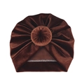 Close-up of brown velvet baby turban hat with a pleated donut knot detail and soft texture - Dark Brown (Round Ball)