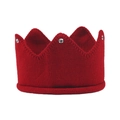 Close-up of red knitted crown baby hat featuring sparkling round rhinestone decorations - Red