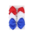 Set of 3 Independence Day red white and blue ribbon hair clips with rhinestone centers - Triple Row Rhinestone Decor Style (15#)