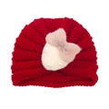 Bonnet turban rouge tricoté pour bébé avec patch en fourrure et nœud à perles - Rouge