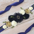 Handmade navy blue maternity sash with chiffon flowers and gemstones for gowns - Navy Blue