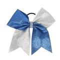 Sparkly navy and silver glitter cheer bow hair tie with rhinestone center detail - Blue Silver