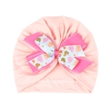Détail d'un bonnet turban rose pour bébé avec un nœud double à motifs de petits cœurs - Vert Pâle