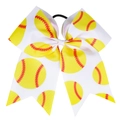 Detail of softball pattern white grosgrain bow hair tie with red stitching and elastic band - Baseball