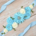 Baby blue maternity flower sash with silk roses and green leaves for baby shower party - Sky Blue