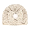 Beige knitted baby beanie featuring a large knit bow and a fluffy white pom-pom detail - White (Bowknot)