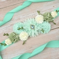 Mint green floral maternity sash with large fabric flowers and blue rhinestone detail - Turquoise Blue