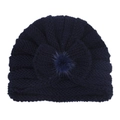 Knitted navy blue infant turban hat with a large decorative bow and a small fur pom pom - Navy Blue (Bow)
