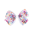 Detailed close-up of a white grosgrain ribbon hair bow with soccer ball and rainbow prints - Rainbow