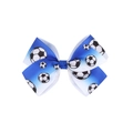 Detail of soccer bow hair clip featuring blue gradient grosgrain ribbon and ball prints - Blue White Gradient