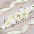 Elegant white floral maternity sash with green leaves and rhinestone crystal centerpiece - Off White