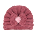 Knitted baby turban hat in dusty pink featuring a large bow and soft plush pom-pom - Bean Paste (Bowknot)