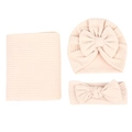 3-piece ribbed baby swaddle blanket set with matching bow hat and headband in soft pink - Off-white (Waffle Texture Three Items)