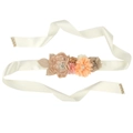 Handmade maternity sash for baby shower with champagne floral pearls on white satin ribbon - Champagne Sash