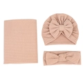 Detail of pink waffle knit baby swaddle blanket set with matching hat and headband - Light Coffee (Waffle Texture Three Items)