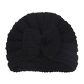 Solid black knit baby beanie hat with decorative bow and faux fur pom-pom detail - Black (Bowknot)