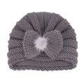 Dark grey infant knit turban hat with a large bow and fluffy pompom detail - Grey (Bowknot)