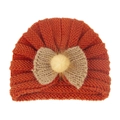 Knitted baby turban hat in caramel with brown bow and yellow faux fur pompom detail - Orange (Bowknot)