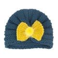 Knitted baby turban hat in navy blue featuring a yellow bow and soft faux fur pom-pom - Peacock Blue (Bowknot)