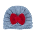 Blue-grey knit baby beanie with large red bow and fluffy pom-pom detail - Blue (Bow)