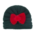 Dark green knitted toddler turban hat featuring a red bow and fluffy faux fur pompom - Dark Green (Bowknot)