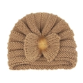 Knitted camel baby turban hat with a matching bow and fluffy pompom detail - Light Coffee (Bow)