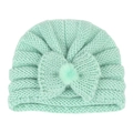 Mint green baby knit turban hat featuring a large bow and soft faux fur pompom detail - Turquoise Blue (Bowknot)