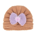 Caramel knitted baby hat with a light purple bow and fluffy faux fur pompom detail - Apricot (Bowknot)