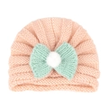Pink knit baby beanie with mint green bow and white faux fur pompom detail - Snow Bud (Bowknot)