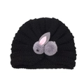 Black knitted baby hat with a cute grey plush rabbit for autumn and winter warmth - Black