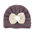 Knitted purple baby turban hat with a beige bow and white fluffy pom-pom detail - Smoky Gray (Bowknot)