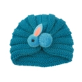 Blue knitted baby beanie with a cute 3D plush bunny decoration and ribbed texture - Peacock Blue