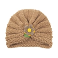 Khaki baby turban hat with hand-knitted flower and leaf detail for infants - Light Coffee (Yarn Flower)