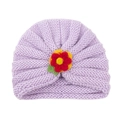 Cute light purple knitted baby turban with colorful 3D crochet flower and green leaf - Purple (Yarn Flower)