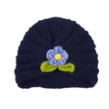 Dark blue knitted baby beanie featuring a crochet flower with light blue petals and green leaves - Navy Blue