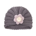 Bonnet en tricot gris foncé pour bébé avec une grande décoration de fleur 3D mauve - Gris (Grande Fleur)
