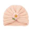 Pink ribbed knit baby turban hat with a crochet flower decoration and leaf detail - Light Pink (Yarn Flower)