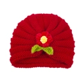 Red knit baby turban hat with handmade crochet flower and green leaf detailing - Red
