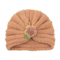Cozy knit infant turban hat in orange pink with a decorative crochet flower detail - Apricot (Yarn Flower)