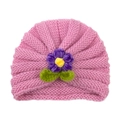 Pink knit baby turban hat with purple crochet flower and green leaves decoration - Pink