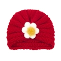 Bonnet en tricot rouge pour bébé avec une grande fleur blanche et centre jaune - Grand Rouge (Grande Fleur)