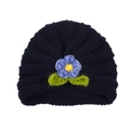 Dark blue knitted baby turban hat with handmade floral detail for autumn and winter - Black