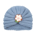 Blue knit baby turban hat with decorative white crochet flower and green leaf - Blue (Yarn Flower)